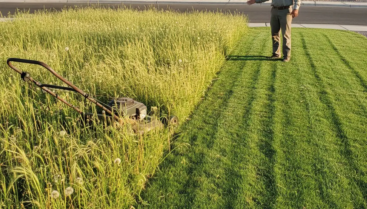 Before and after lawn mowing showing lush, even grass by Chop Chop Landscaping in Mesa, AZ