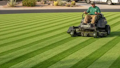 Commercial mower creating precise striped lawn patterns during professional mowing in Mesa, AZ