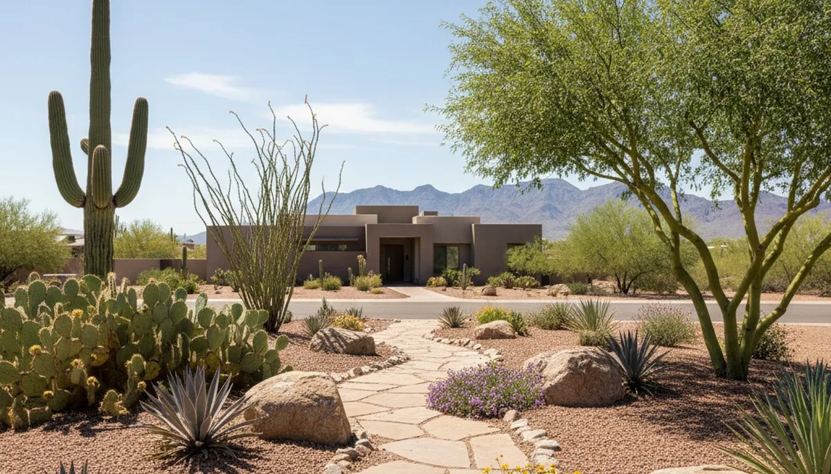 Desert landscape with native plants and rock mulch designed by Chop Chop Landscaping in Mesa, AZ