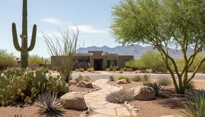 Desert landscape with native plants and rock mulch designed by Chop Chop Landscaping in Mesa, AZ