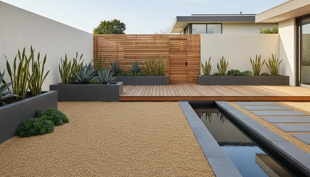 Modern pea gravel landscape with geometric lines and desert plants in Mesa, AZ by Chop Chop Landscaping