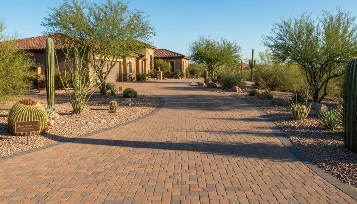 Curved paver driveway design by professional landscapers in Mesa, AZ showcasing expert craftsmanship