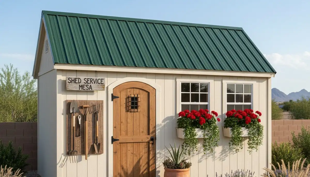 Decorative garden shed with desert landscaping by Chop Chop Landscaping in Mesa, AZ