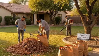 Landscapers performing fall leaf removal and lawn cleanup at a residential yard in Mesa, AZ