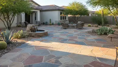 Flagstone patio installation by professional stone pavers in Mesa, AZ showcasing quality landscaping craftsmanship