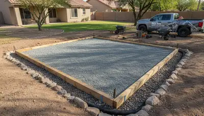 Level gravel shed foundation preparation by Chop Chop Landscaping in Mesa, AZ