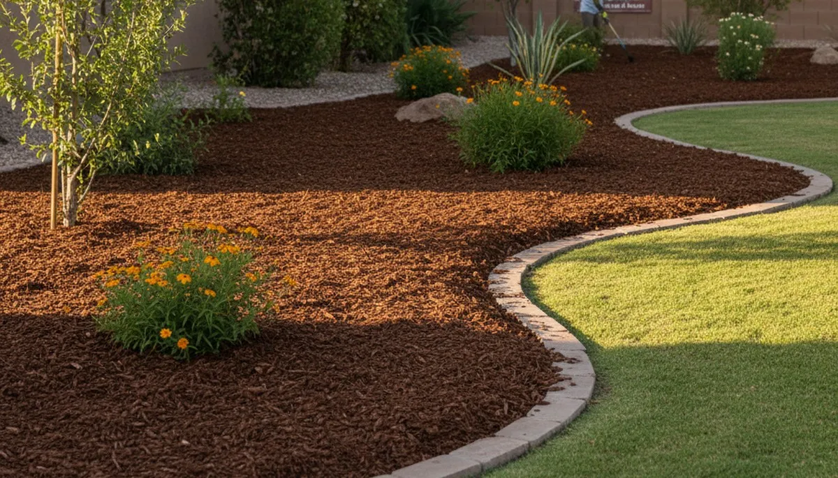 Professional mulch installation with clean edges and rich color in Mesa, AZ landscaping yard