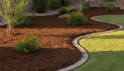 Professional mulch installation with clean edges and rich color in Mesa, AZ landscaping yard