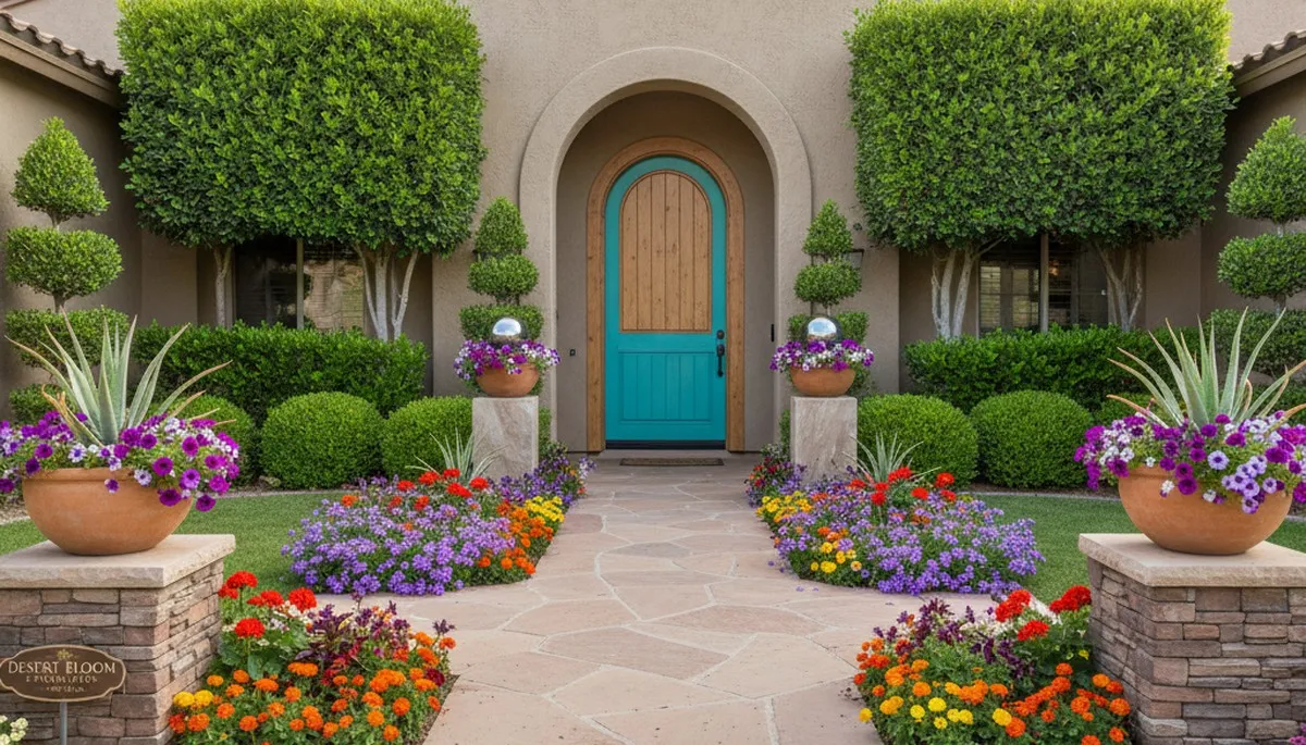 Symmetrical front yard landscaping with colorful flowers and shrubs at Mesa, AZ home by Chop Chop Landscaping