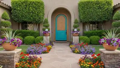 Symmetrical front yard landscaping with colorful flowers and shrubs at Mesa, AZ home by Chop Chop Landscaping