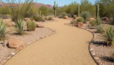 Pea gravel garden pathway with desert landscaping in Mesa, AZ by Chop Chop Landscaping