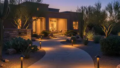 Evening walkway lighting installation with path lights by Chop Chop Landscaping in Mesa, AZ