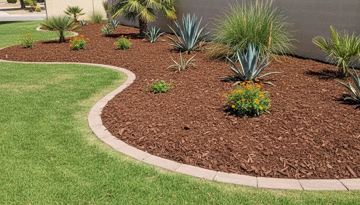 Freshly edged mulch landscape bed with clean borders by professional landscapers in Mesa, AZ