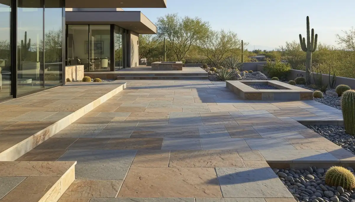 Modern large stone patio installation by professional landscapers in Mesa, AZ
