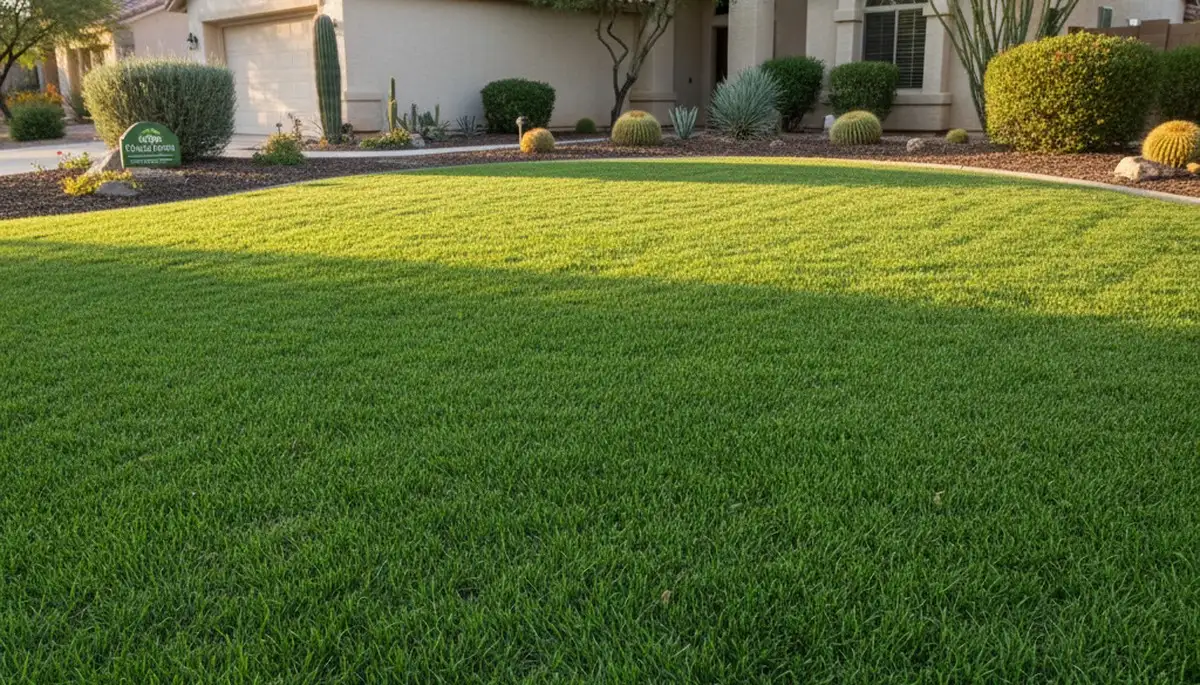 Lush green residential lawn in Mesa, AZ showing dense turf from expert lawn care by local landscaping pros