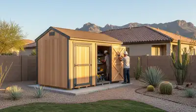 New backyard shed installation by landscaping professionals in Mesa, AZ with solid foundation and finish