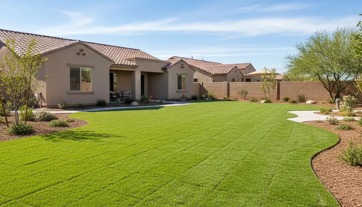 Freshly installed vibrant green sod lawn by professional landscapers in Mesa, AZ