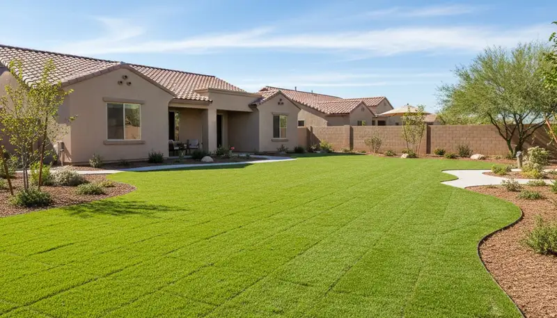 Freshly installed vibrant green sod lawn by professional landscapers in Mesa, AZ