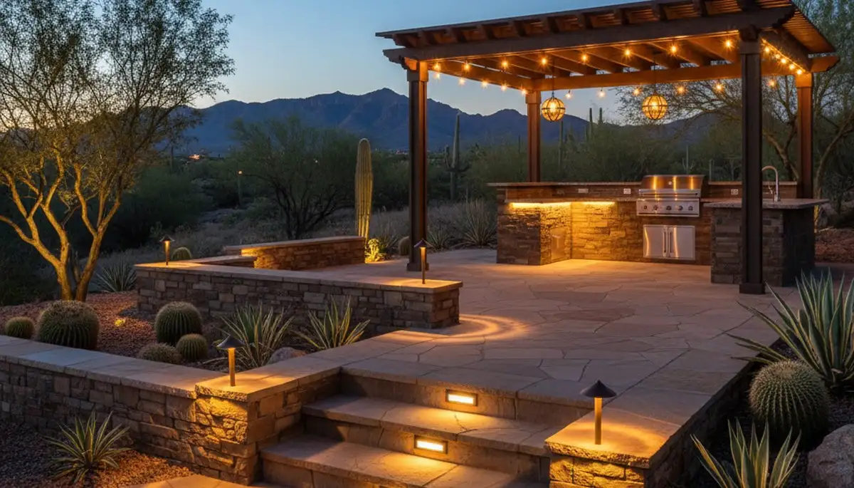 Outdoor living space with layered landscape lighting installation in Mesa, AZ by professional landscapers