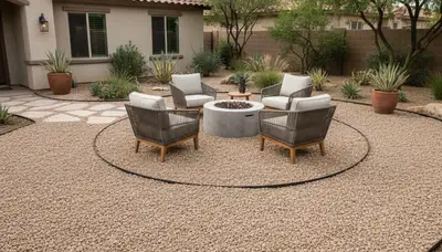 Professionally installed pea gravel patio with edging and furniture by Mesa AZ landscaping experts