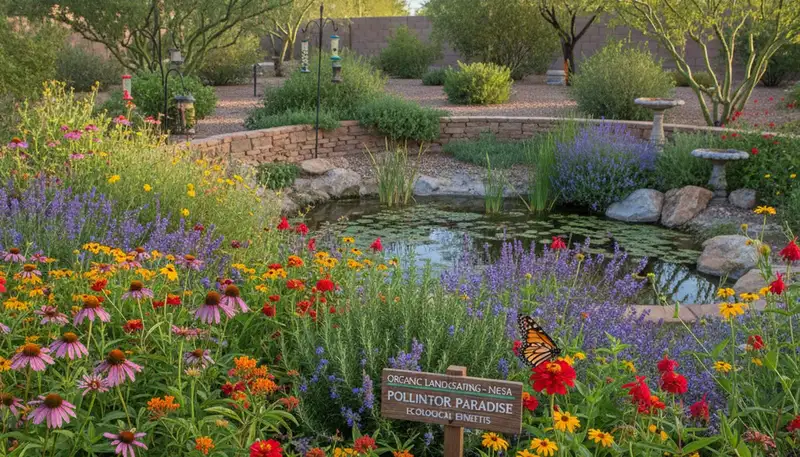 Pollinator-friendly native garden with bee and butterfly plants by organic landscapers in Mesa, AZ