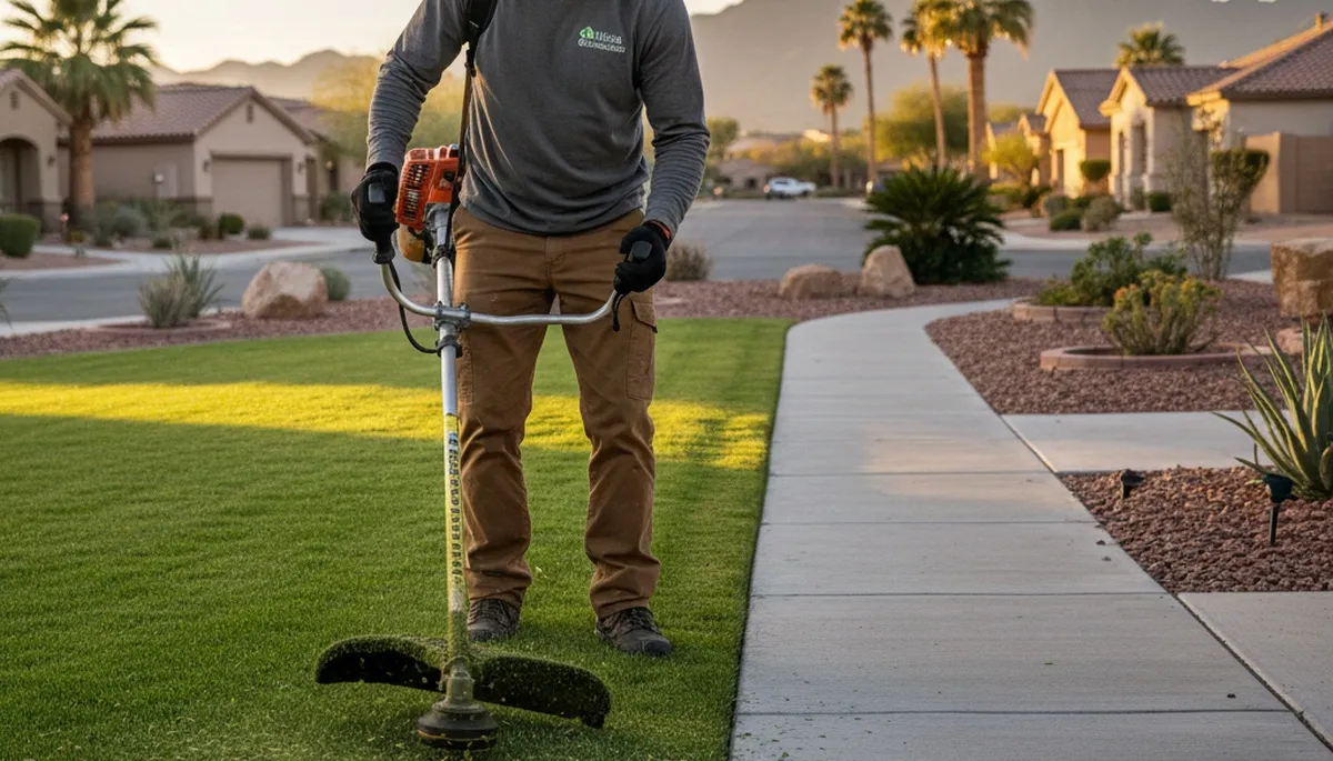 Technician trimming lawn edges with precision for residential landscaping in Mesa, AZ