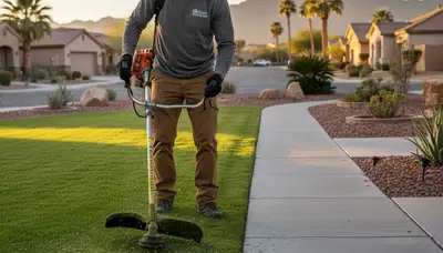 Technician trimming lawn edges with precision for residential landscaping in Mesa, AZ