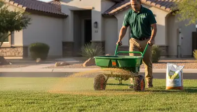 Lawn care technician applying fertilizer with spreader on residential yard in Mesa, AZ