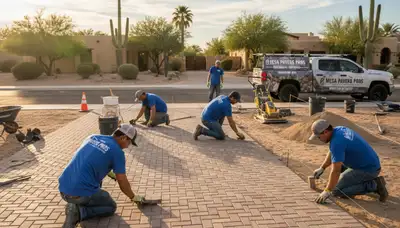 Workers installing residential driveway pavers in Mesa, AZ with precise base prep and leveling techniques