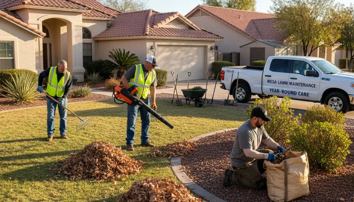 Landscaper using leaf blower for final lawn cleanup and debris removal in Mesa, AZ