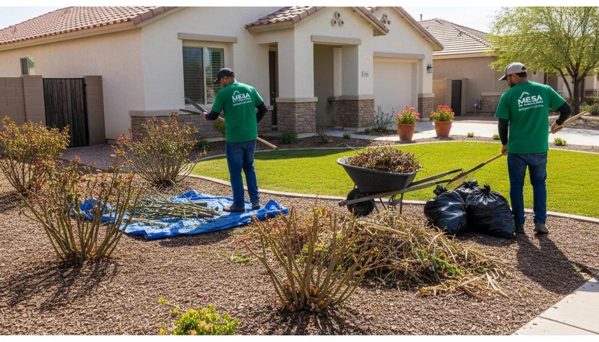 Landscapers performing spring yard cleanup and pruning on a Mesa, AZ property for seasonal landscape refresh