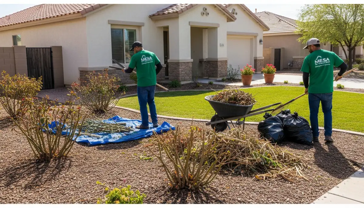 Landscapers performing spring yard cleanup and pruning on a Mesa, AZ property for seasonal landscape refresh