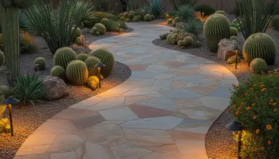 Curved natural stone paver walkway in residential landscape by professional landscapers in Mesa, AZ