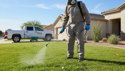 Lawn care technician applying targeted weed control with sprayer in Mesa, AZ lawn maintenance service
